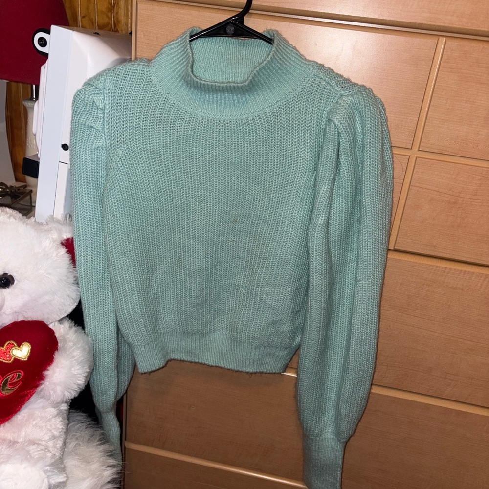 SO Green Cowl Neck Sweater with Puff Sleeves